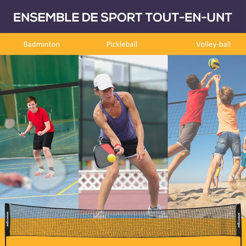 Ensemble 3 en 1 extérieur jeux de raquette badminton volley 510 x 103 x 107-155 cm hauteur réglable design en acier noir 21_0006925
