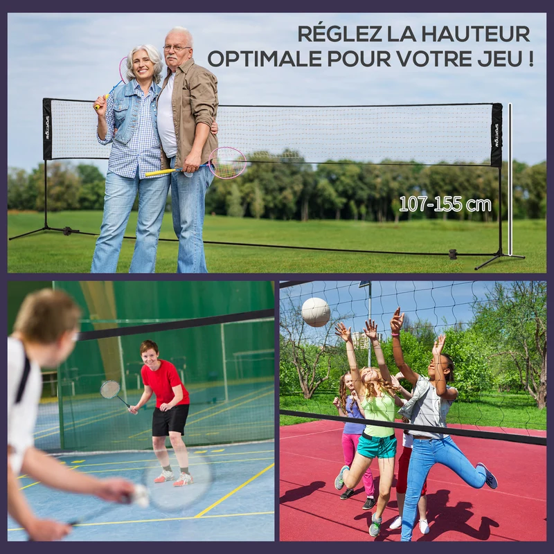 Ensemble 3 en 1 extérieur jeux de raquette badminton volley 510 x 103 x 107-155 cm hauteur réglable design en acier noir 21_0006925