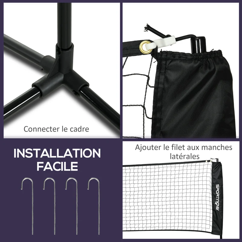 Ensemble 3 en 1 extérieur jeux de raquette badminton volley 510 x 103 x 107-155 cm hauteur réglable design en acier noir 21_0006925