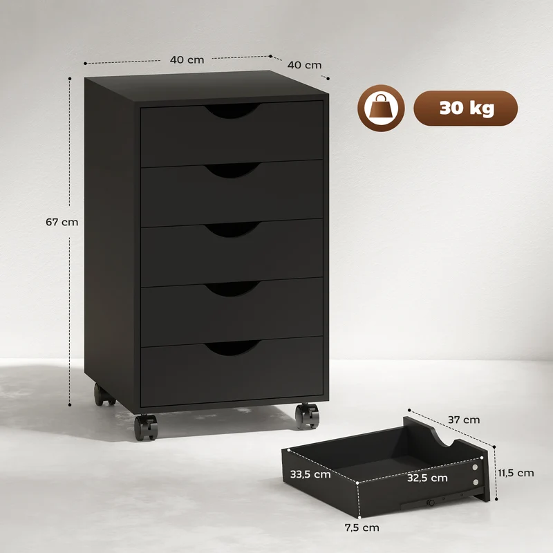 Caisson de bureau sur roulettes 40 x 40 x 67 cm à 5 tiroirs rangement compact ouverture fluide minimaliste en MDF noir 21_0002426