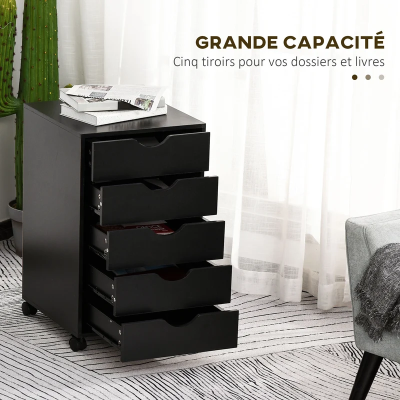 Caisson de bureau sur roulettes 40 x 40 x 67 cm à 5 tiroirs rangement compact ouverture fluide minimaliste en MDF noir 21_0002426