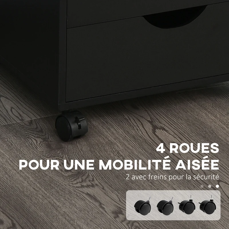 Caisson de bureau sur roulettes 40 x 40 x 67 cm à 5 tiroirs rangement compact ouverture fluide minimaliste en MDF noir 21_0002426