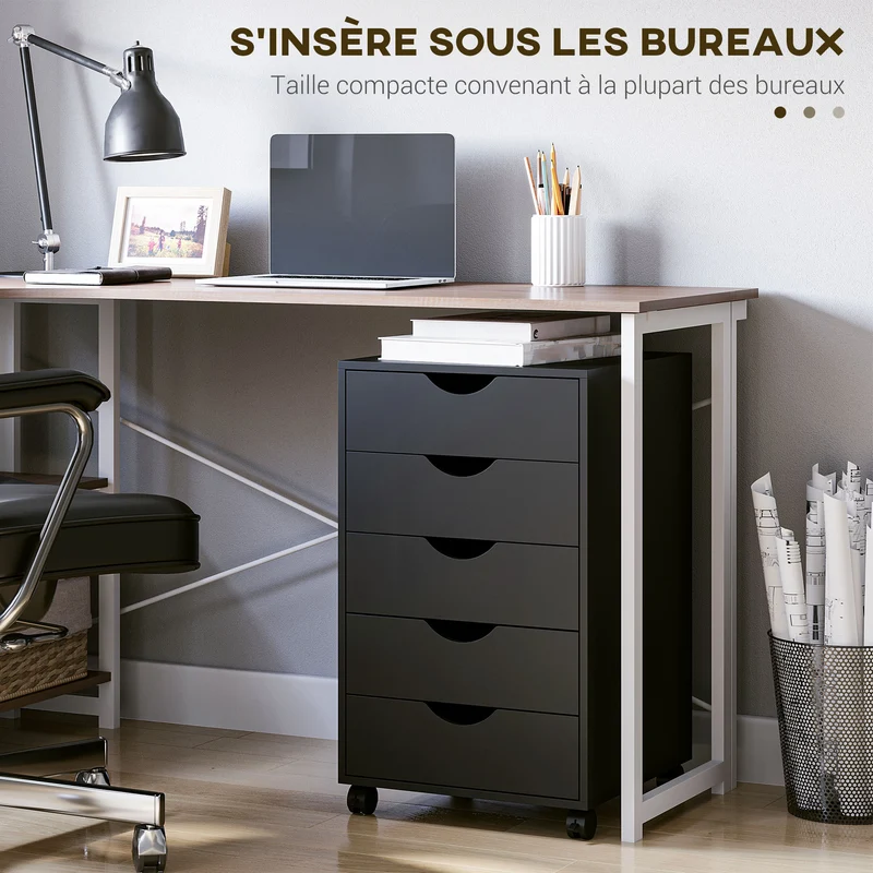 Caisson de bureau sur roulettes 40 x 40 x 67 cm à 5 tiroirs rangement compact ouverture fluide minimaliste en MDF noir 21_0002426