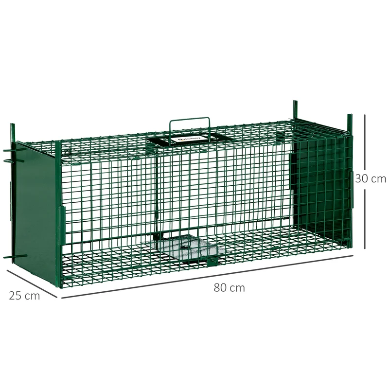 Cage piège rongeurs double entrée 80 x 25 x 30 cm capture sécurisée poignée pratique rustique jardin en métal vert foncé 21_0006960