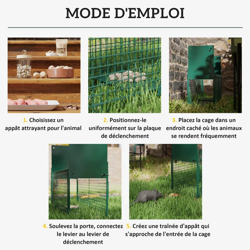 Cage piège rongeurs double entrée 80 x 25 x 30 cm capture sécurisée poignée pratique rustique jardin en métal vert foncé 21_0006960