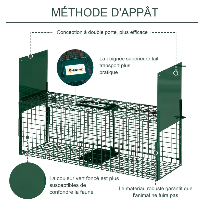 Cage piège rongeurs double entrée 80 x 25 x 30 cm capture sécurisée poignée pratique rustique jardin en métal vert foncé 21_0006960