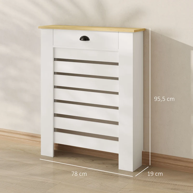 Cache-radiateur mural à lattes horizontales 78 x 19 x 95,5 cm protège enfants tiroir intégré moderne épuré en MDF blanc 21_0001136