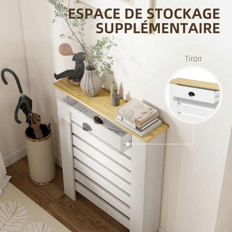 Cache-radiateur mural à lattes horizontales 78 x 19 x 95,5 cm protège enfants tiroir intégré moderne épuré en MDF blanc 21_0001136