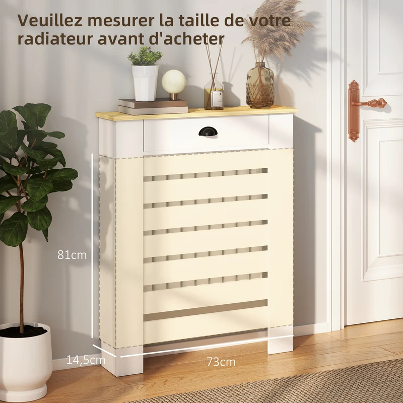 Cache-radiateur mural à lattes horizontales 78 x 19 x 95,5 cm protège enfants tiroir intégré moderne épuré en MDF blanc 21_0001136