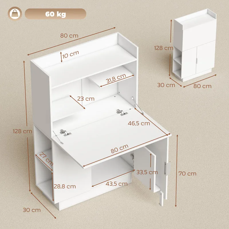 Bureau secrétaire pliant 80 x 30 x 128 cm rangement discret fermeture style scandinave en panneau de particules blanc 21_0002569