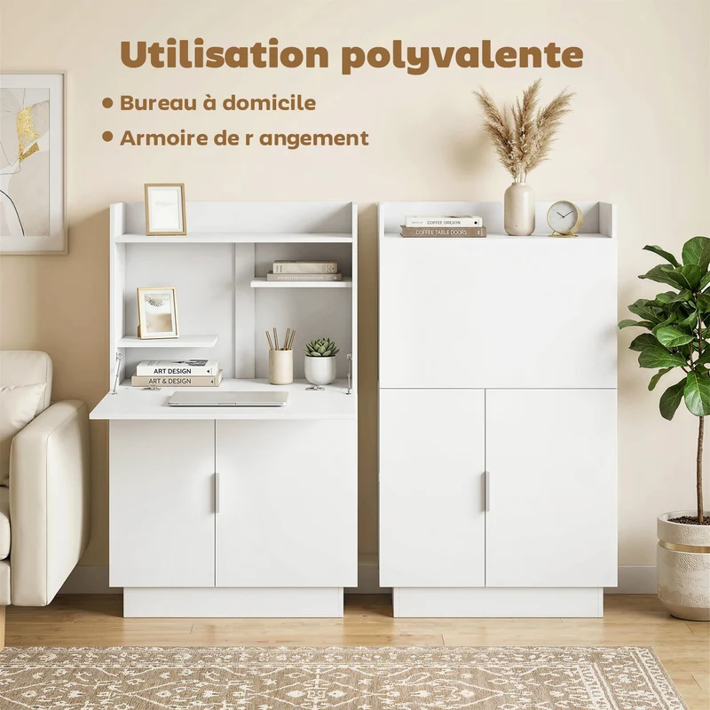 Bureau secrétaire pliant 80 x 30 x 128 cm rangement discret fermeture style scandinave en panneau de particules blanc 21_0002569