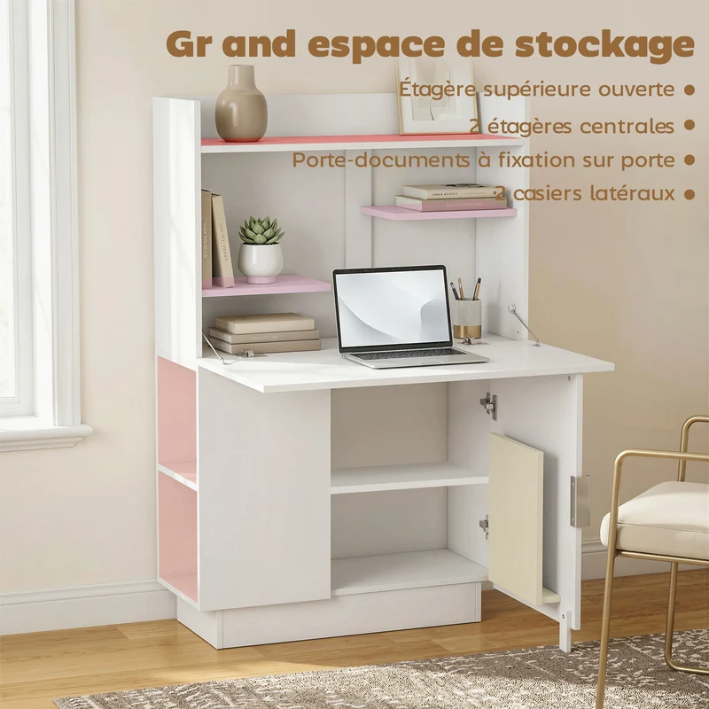 Bureau secrétaire pliant 80 x 30 x 128 cm rangement discret fermeture style scandinave en panneau de particules blanc 21_0002569