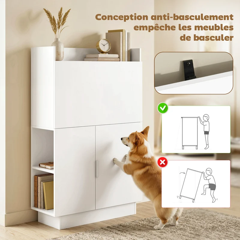 Bureau secrétaire pliant 80 x 30 x 128 cm rangement discret fermeture style scandinave en panneau de particules blanc 21_0002569