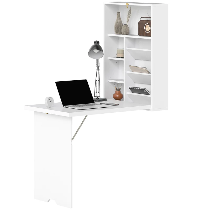 Bureau mural pliable gain d'espace 94 x 60 x 147 cm avec étagères réglables moderne épuré en panneau de particules blanc 21_0002373
