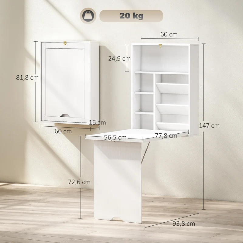 Bureau mural pliable gain d'espace 94 x 60 x 147 cm avec étagères réglables moderne épuré en panneau de particules blanc 21_0002373