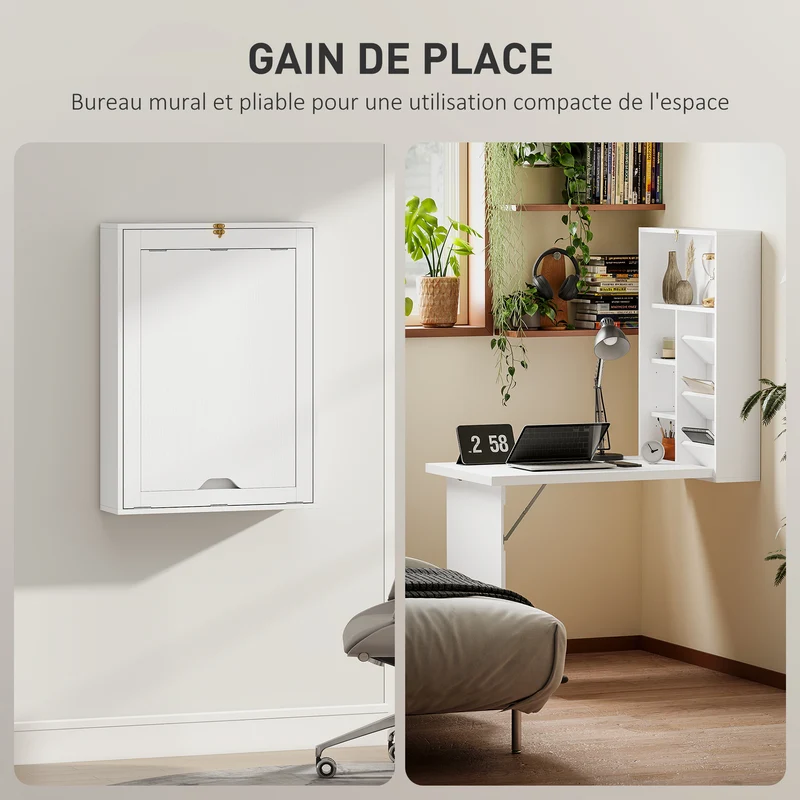 Bureau mural pliable gain d'espace 94 x 60 x 147 cm avec étagères réglables moderne épuré en panneau de particules blanc 21_0002373