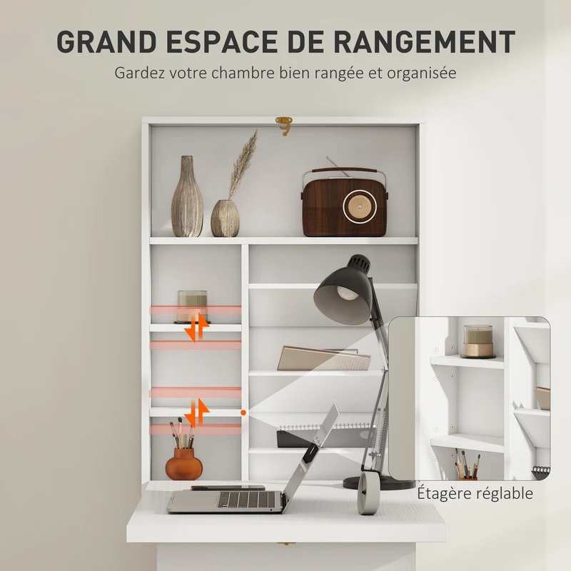 Bureau mural pliable gain d'espace 94 x 60 x 147 cm avec étagères réglables moderne épuré en panneau de particules blanc 21_0002373