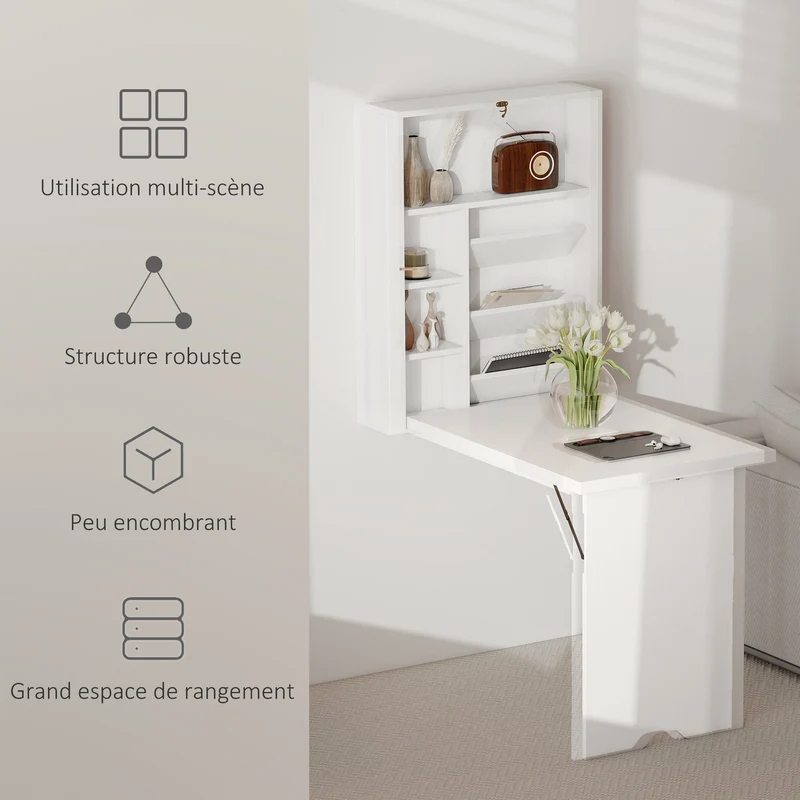 Bureau mural pliable gain d'espace 94 x 60 x 147 cm avec étagères réglables moderne épuré en panneau de particules blanc 21_0002373