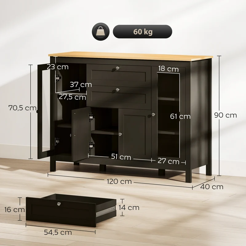 Buffet de rangement salon intérieur 120 x 40 x 90 cm grand rangement portes vitrées style classique élégant en MDF noir 21_0002228