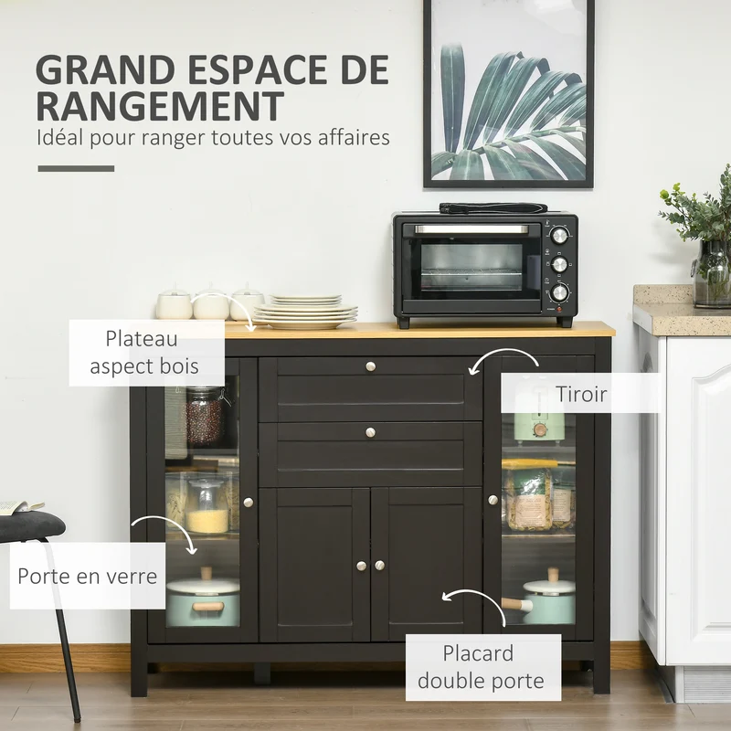 Buffet de rangement salon intérieur 120 x 40 x 90 cm grand rangement portes vitrées style classique élégant en MDF noir 21_0002228