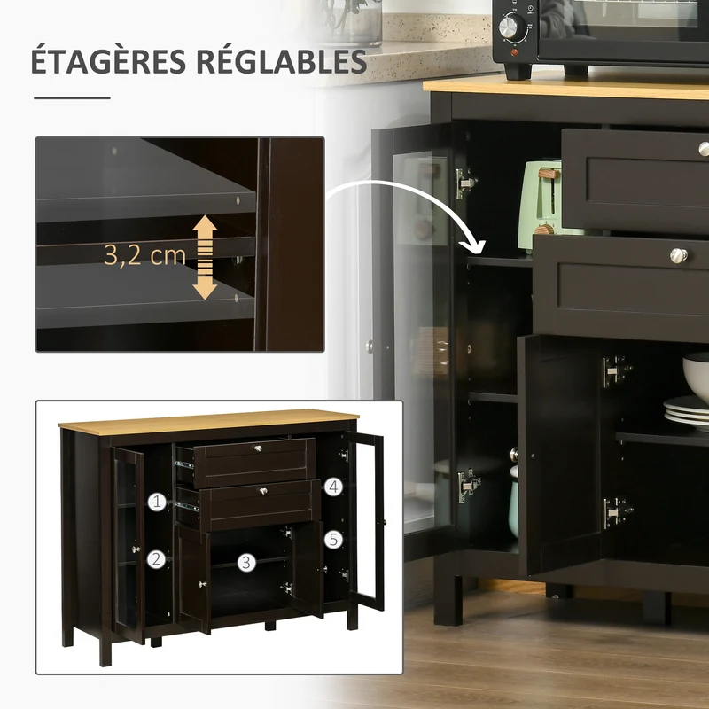 Buffet de rangement salon intérieur 120 x 40 x 90 cm grand rangement portes vitrées style classique élégant en MDF noir 21_0002228