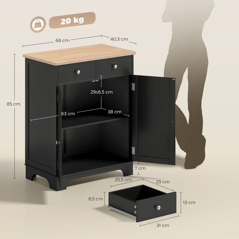 Buffet de rangement salon 68 x 40.3 x 85 cm grand espace de rangement 2 tiroirs élégant design scandinave en MDF noir 21_0002182