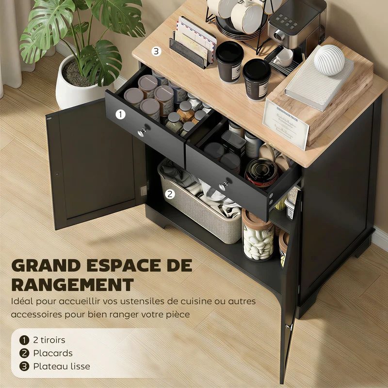 Buffet de rangement salon 68 x 40.3 x 85 cm grand espace de rangement 2 tiroirs élégant design scandinave en MDF noir 21_0002182