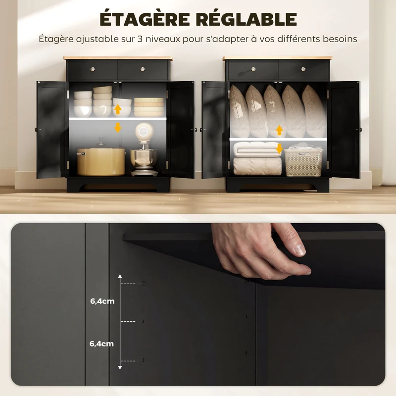 Buffet de rangement salon 68 x 40.3 x 85 cm grand espace de rangement 2 tiroirs élégant design scandinave en MDF noir 21_0002182
