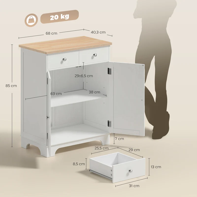 Buffet de rangement rectangulaire salon cuisine 68 x 40.3 x 85 cm rangement 2 tiroirs style scandinave en MDF blanc 21_0002181