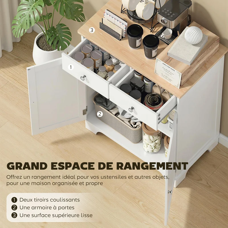 Buffet de rangement rectangulaire salon cuisine 68 x 40.3 x 85 cm rangement 2 tiroirs style scandinave en MDF blanc 21_0002181