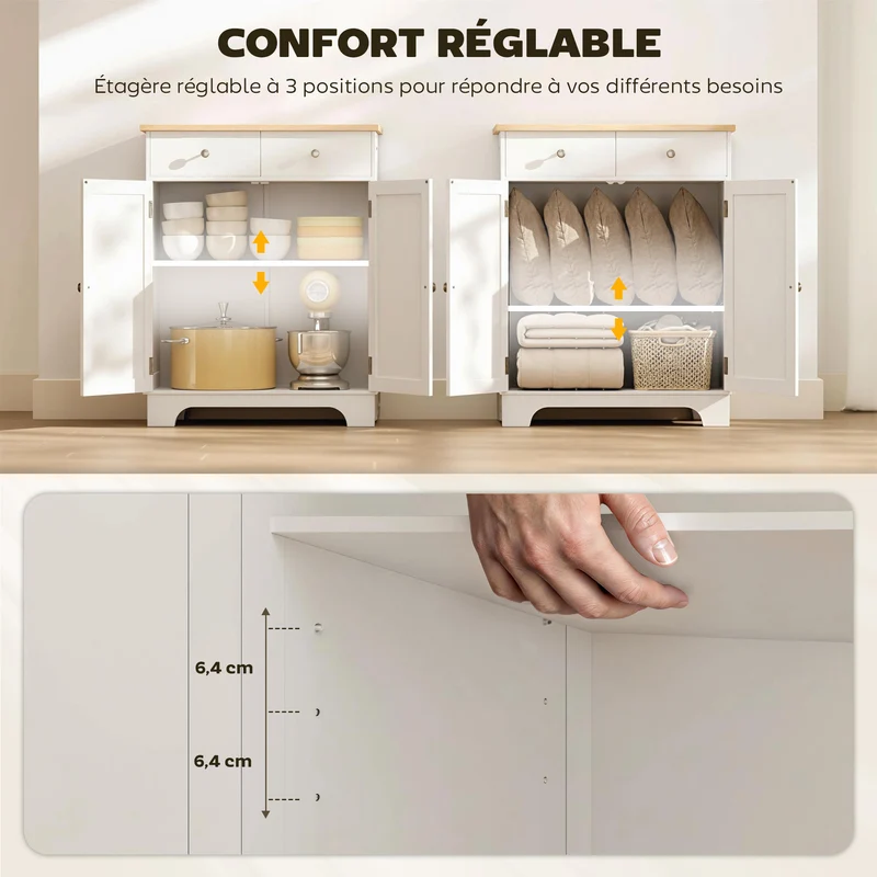 Buffet de rangement rectangulaire salon cuisine 68 x 40.3 x 85 cm rangement 2 tiroirs style scandinave en MDF blanc 21_0002181