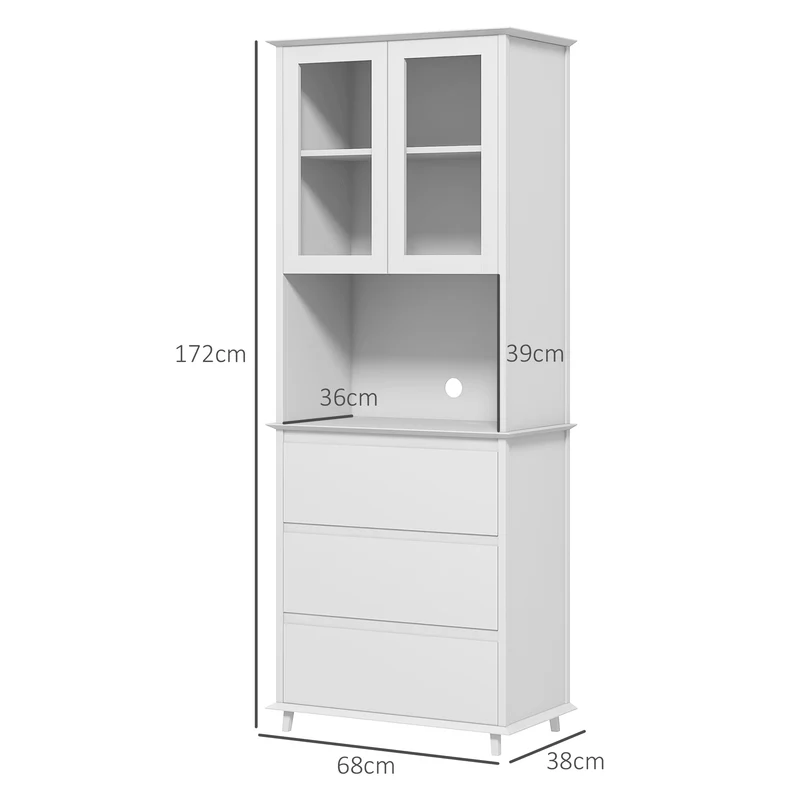 Buffet de cuisine rangement 68 x 38 x 172 cm grand plan de travail rangements variés 3 tiroirs contemporain en MDF blanc 21_0003221