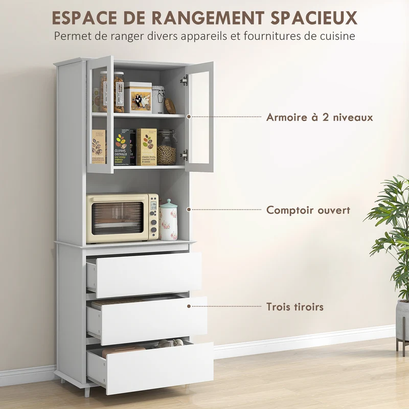 Buffet de cuisine rangement 68 x 38 x 172 cm grand plan de travail rangements variés 3 tiroirs contemporain en MDF blanc 21_0003221