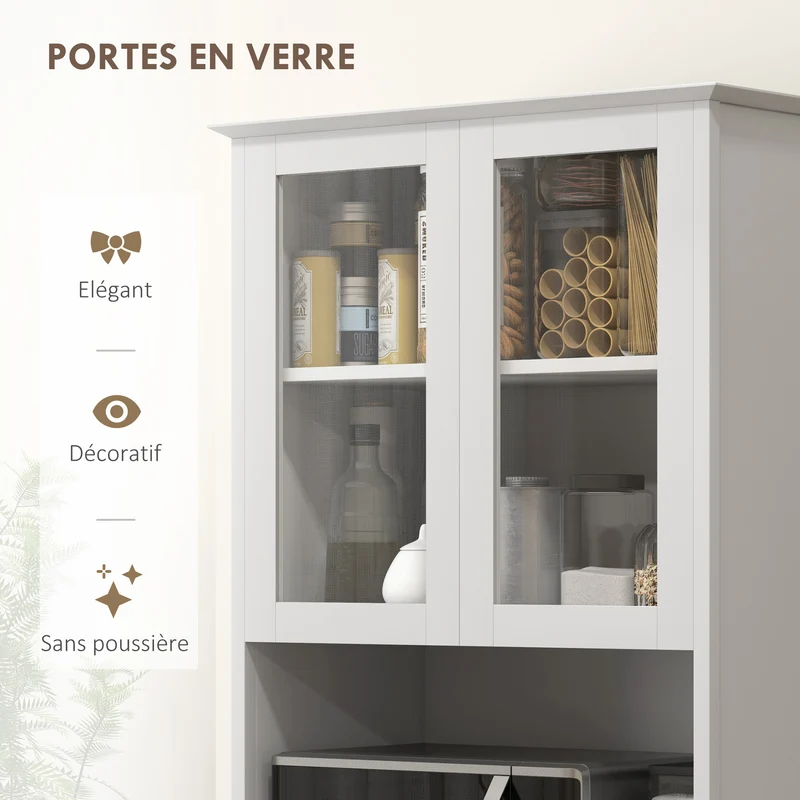 Buffet de cuisine rangement 68 x 38 x 172 cm grand plan de travail rangements variés 3 tiroirs contemporain en MDF blanc 21_0003221