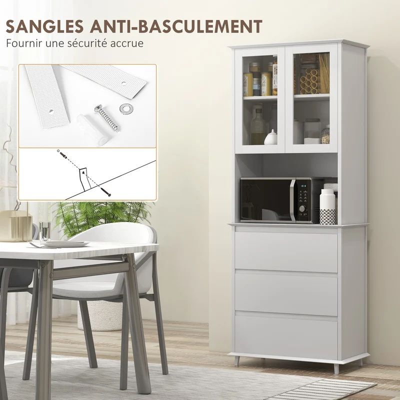Buffet de cuisine rangement 68 x 38 x 172 cm grand plan de travail rangements variés 3 tiroirs contemporain en MDF blanc 21_0003221