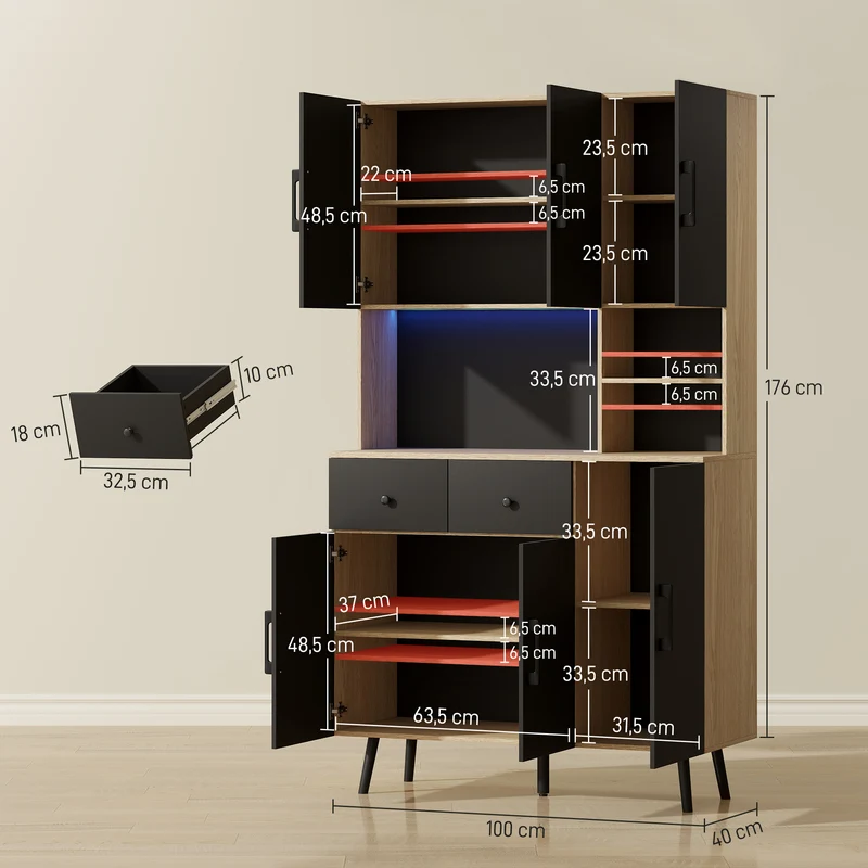 Buffet de cuisine 100 x 40 x 176 cm éclairage led couleurs étagères réglables moderne en panneau de particules chêne 21_0003325