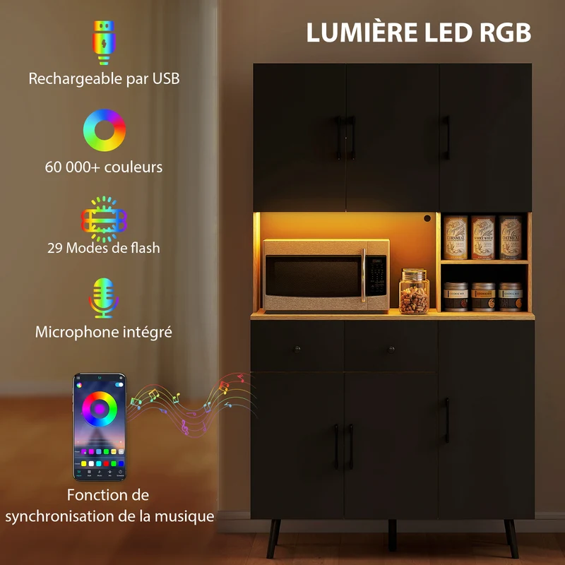 Buffet de cuisine 100 x 40 x 176 cm éclairage led couleurs étagères réglables moderne en panneau de particules chêne 21_0003325