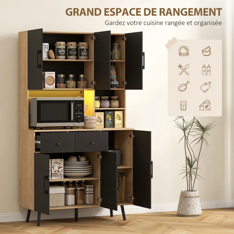 Buffet de cuisine 100 x 40 x 176 cm éclairage led couleurs étagères réglables moderne en panneau de particules chêne 21_0003325