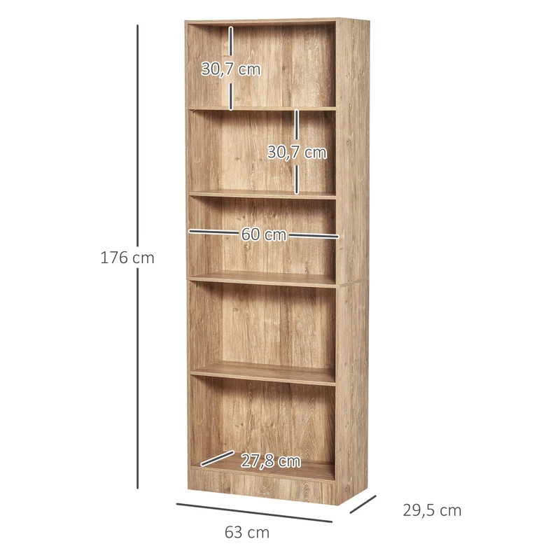 Bibliothèque 5 niveaux 63 x 29,2 x 176 cm étagères réglables anti basculement moderne élégant salon en MDF bois naturel 21_0002442