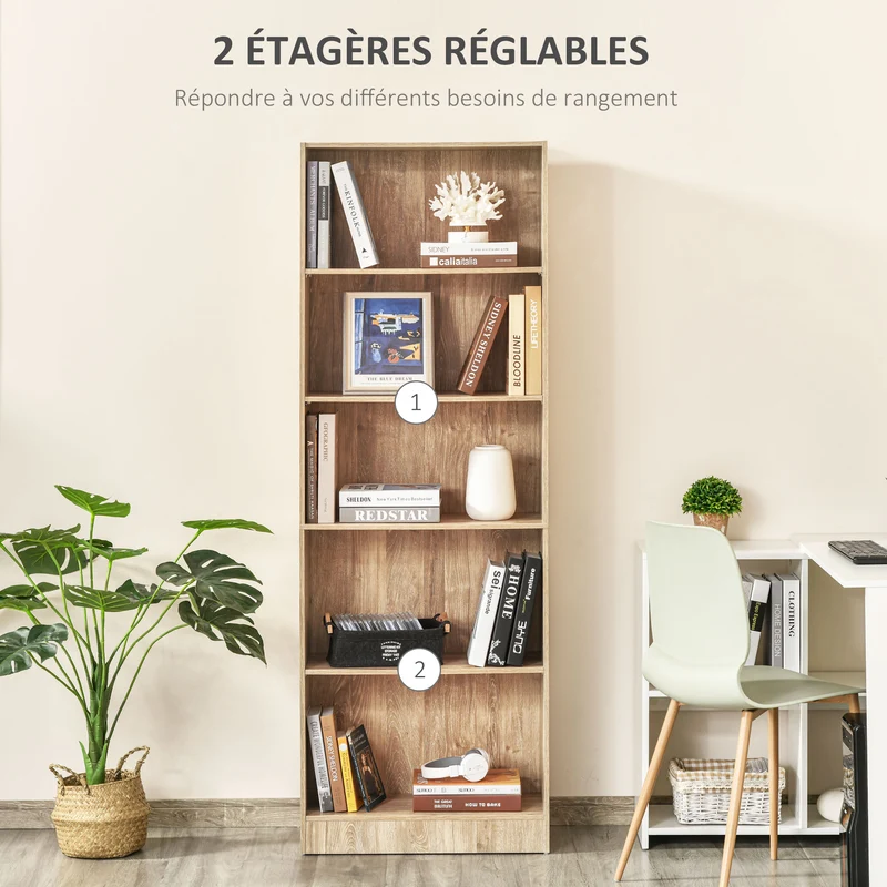 Bibliothèque 5 niveaux 63 x 29,2 x 176 cm étagères réglables anti basculement moderne élégant salon en MDF bois naturel 21_0002442