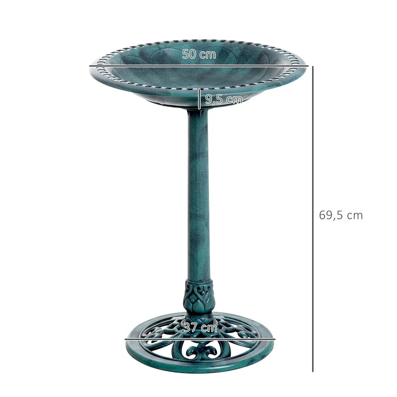 Bain d'oiseaux sur pied jardin plateau 50 x 69,5 cm bol profond 9,5 cm stabilité piquets rustique décoratif en PP vert 21_0003922