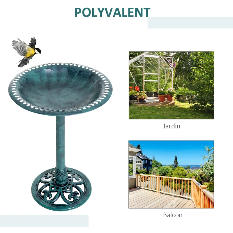 Bain d'oiseaux sur pied jardin plateau 50 x 69,5 cm bol profond 9,5 cm stabilité piquets rustique décoratif en PP vert 21_0003922
