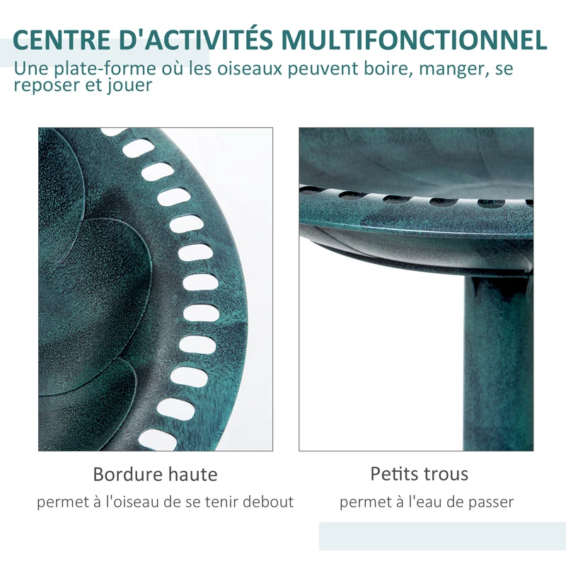 Bain d'oiseaux sur pied jardin plateau 50 x 69,5 cm bol profond 9,5 cm stabilité piquets rustique décoratif en PP vert 21_0003922