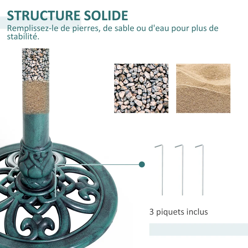 Bain d'oiseaux sur pied jardin plateau 50 x 69,5 cm bol profond 9,5 cm stabilité piquets rustique décoratif en PP vert 21_0003922