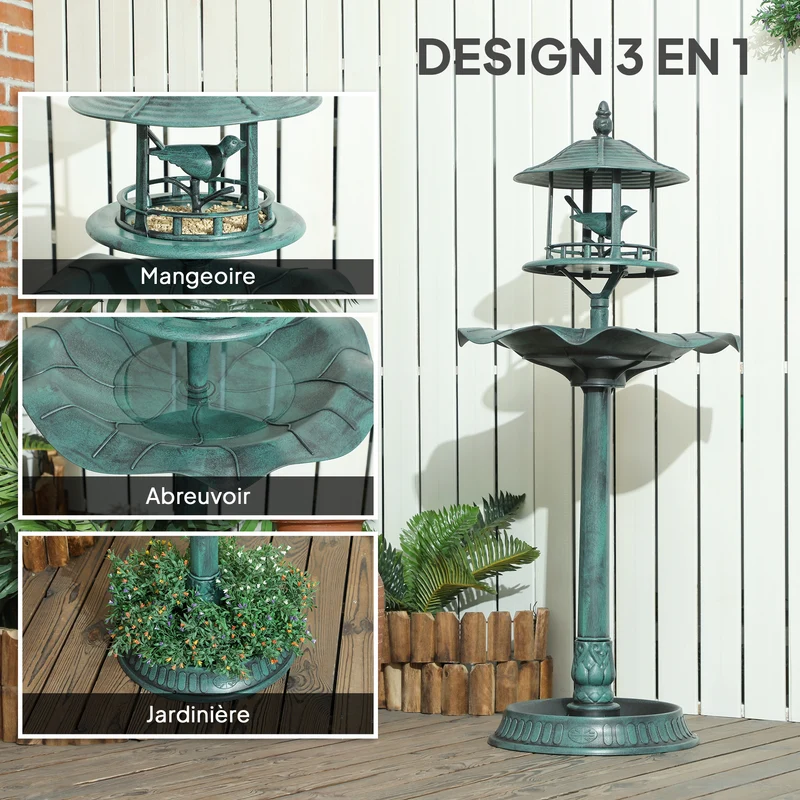 Bain d'oiseaux 3 en 1 abreuvoir jardinière 50 x 113 cm résistant intempéries rustique en polypropylène vert-de-gris 21_0003924