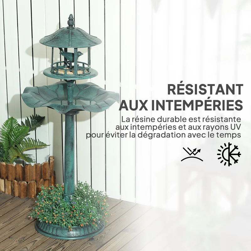 Bain d'oiseaux 3 en 1 abreuvoir jardinière 50 x 113 cm résistant intempéries rustique en polypropylène vert-de-gris 21_0003924