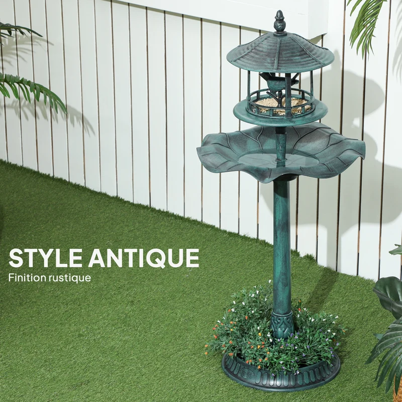 Bain d'oiseaux 3 en 1 abreuvoir jardinière 50 x 113 cm résistant intempéries rustique en polypropylène vert-de-gris 21_0003924