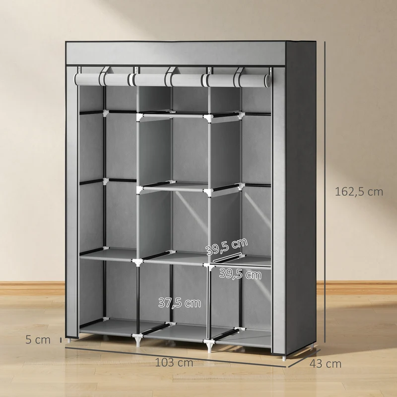 Armoire penderie pour chambre 125 x 43 x 162.5 cm 8 étagères fermeture à glissière moderne épuré en non-tissé gris clair 21_0005817