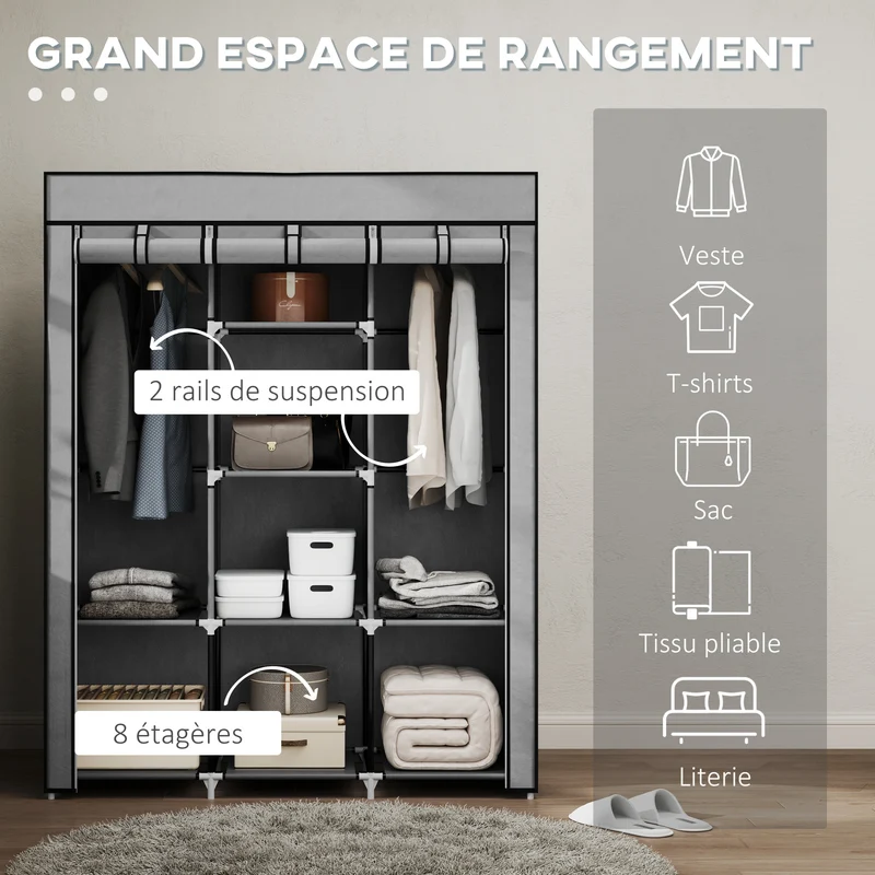 Armoire penderie pour chambre 125 x 43 x 162.5 cm 8 étagères fermeture à glissière moderne épuré en non-tissé gris clair 21_0005817