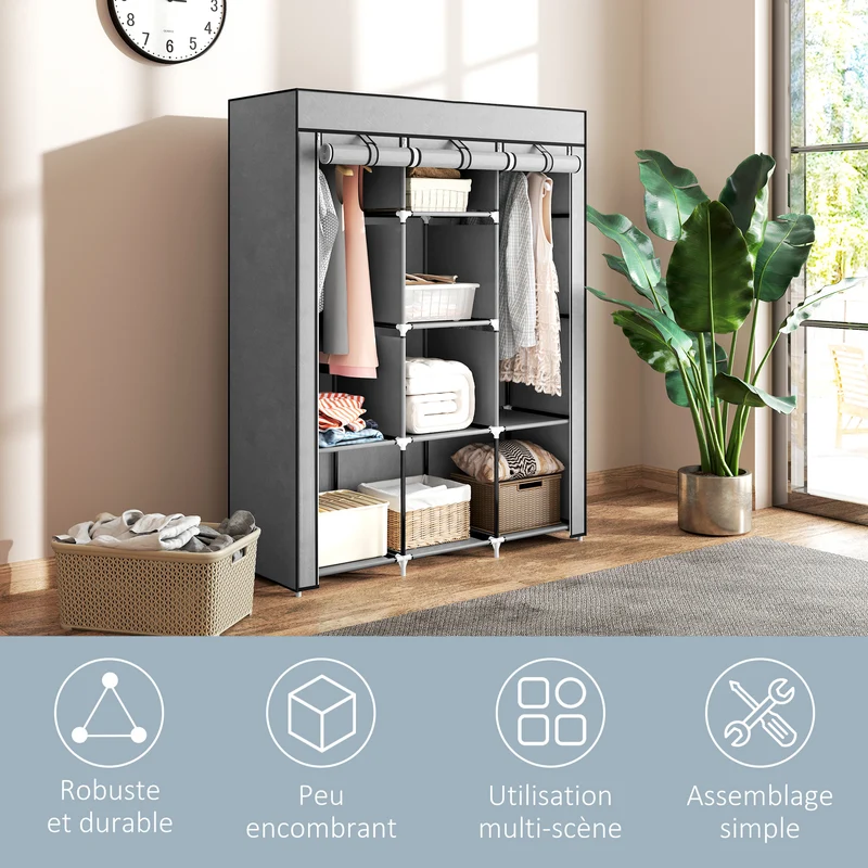 Armoire penderie pour chambre 125 x 43 x 162.5 cm 8 étagères fermeture à glissière moderne épuré en non-tissé gris clair 21_0005817